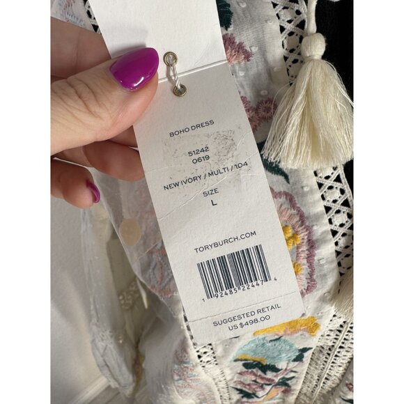 Tory Burch Embroidered Cotton Boho Dress With Tassel Tie & Lace Detail - Picture 10 of 11
